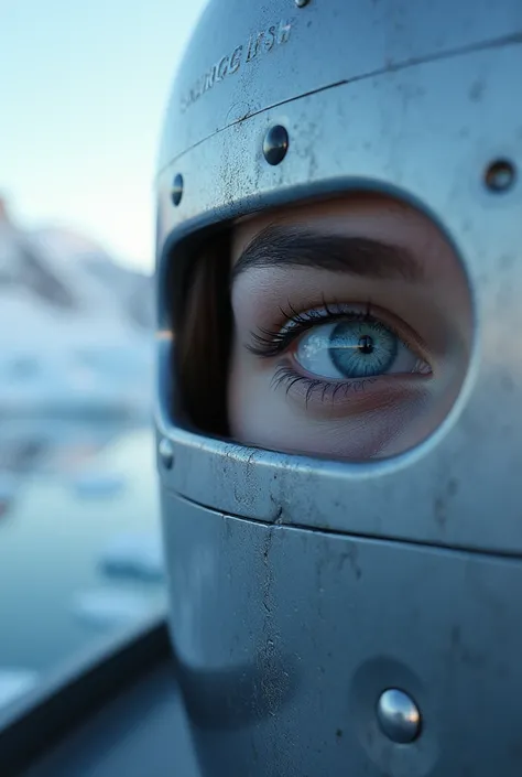 Female eye reflection Antarctic metallic scientific boat, mer