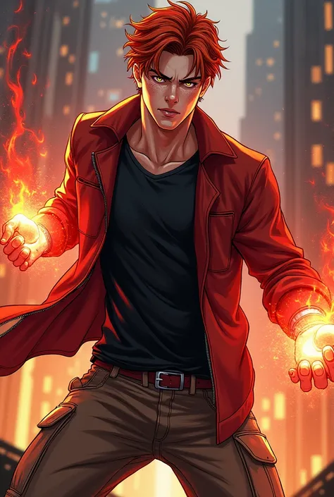 Boy 18 years old,  White , red-haired, From the eyes hazelnut , WITH FRECKLES.
clothing: black shirt, black jacket , cargo pants.
powers:  vermelho Escarlate saindo de sua mão 
estilo quadrinho
powers telepáticos vermelho escarlate