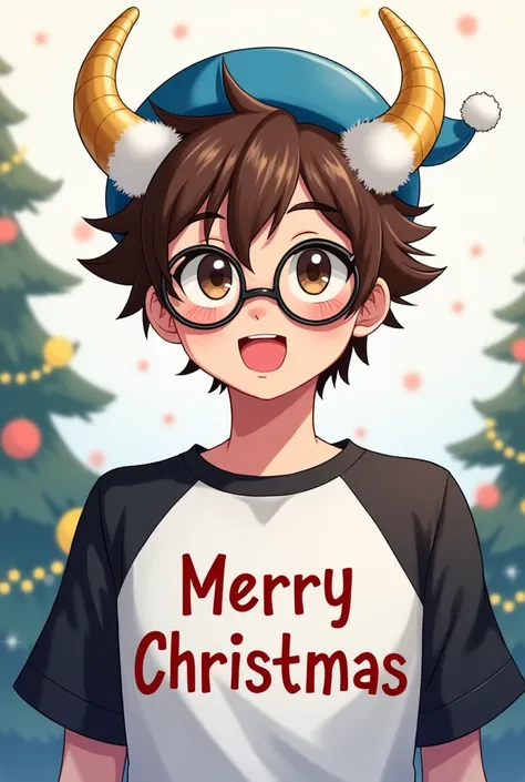 Teenage man with brown hair brown eyes wearing blue hat with white black shirt to say in the center merry Christmas glasses and horns half white and gold 