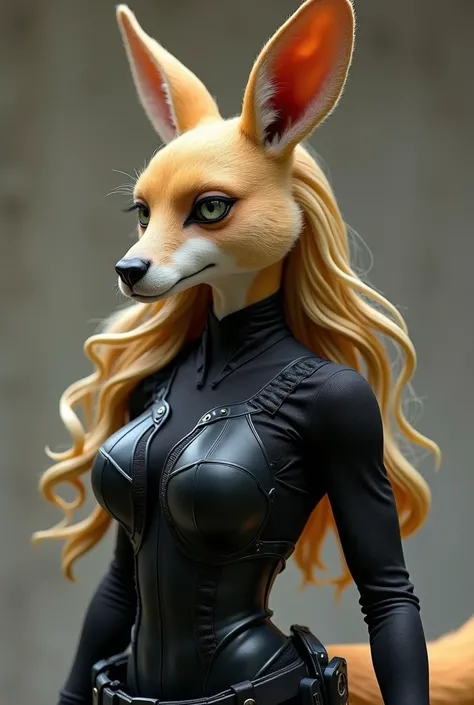 An anthropomorphic figure of a kangaroo with long blond and wavy kangaroo hair with a powerful and modern look.  She is wearing a tight and technological black suit ,  similar to a tactical combat uniform .  Her features mix animal realism with human chara...