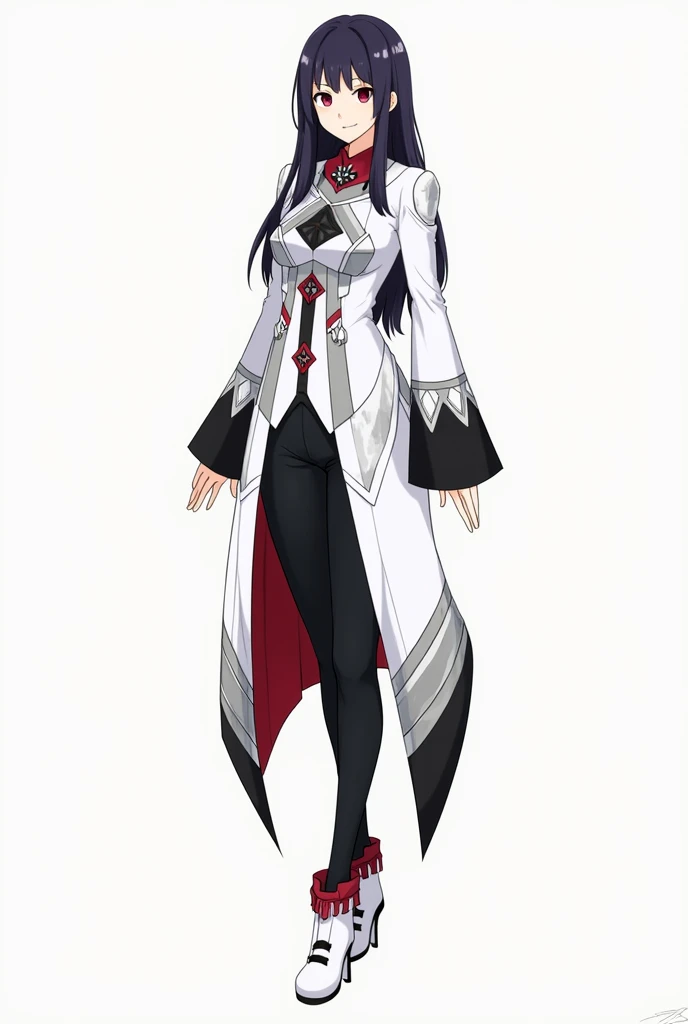 Yunyun by Konosuba 

1 .  Long asymmetric jacket :  The jacket is predominantly white with gray and black details .  It has a structured design in shoulders and extends downwards in a kind of long coattails in shades of gray and red ,  giving it a dramatic...