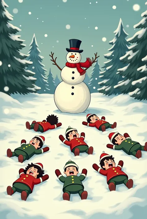 Old Christmas cartoon multiple ren face down in the snow with Frosty the Snowman laughing