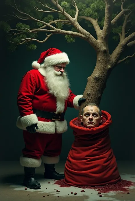 Santa Claus, One side of a Christmas tree pulling a human head out of a red sack