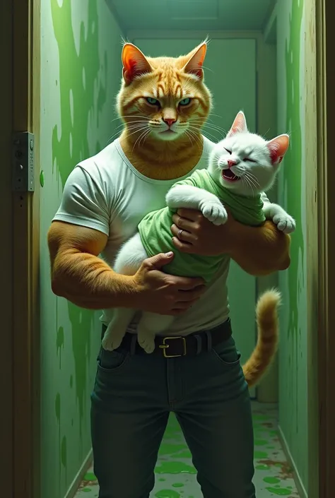 A brown cat in a white shirt wears a brown cat body like a bodybuilder in jeans holds in both hands a white cat with closed cat eyes white sweatshirt with drops of green liquid The upper part of the sweatshirt The surfaces are painted in green liquid insid...