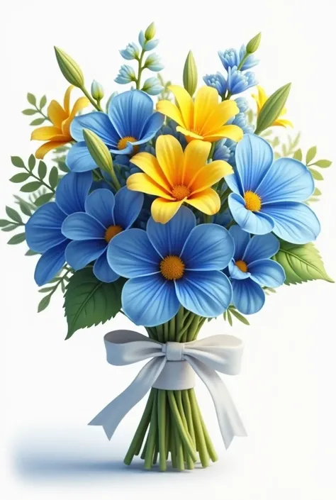 A bouquet of blue flowers and yellow flowers with an elegant white ribbon and beautiful beautiful royal white background