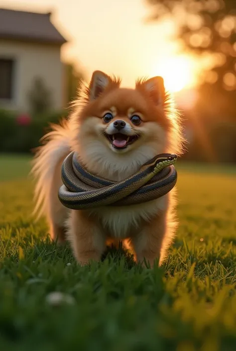  hyper realistic image ,  a scared Pomeranian Lulu dog on a wide green lawn, Scene takes place at sunset ,  with a boa constrictor wrapped around the dogs body looking directly into the dogs eyes showing its prey ready to attack. 