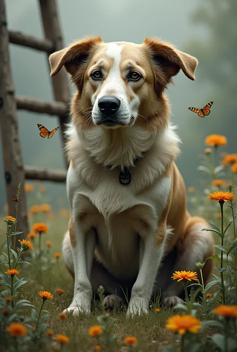 Create an image of an old, sick dog with flowers and butterflies in the back with a ladder behind it. make him look forward 