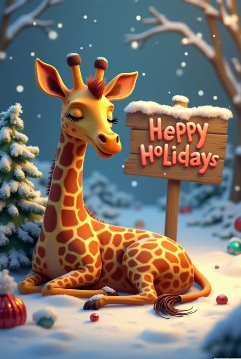 Une girafe au style Pixar qui dort avec un panneau daffiche qui inscrit : en mode vacances de Noël. 