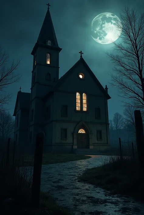 An abandoned church at night with wood covering the window