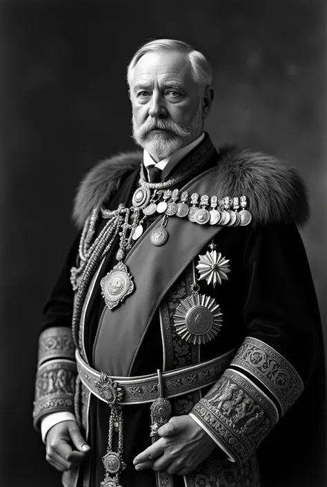 Make me an image of the seventh King Edward of the United Kingdom in his royal costume posing for a black and white photo