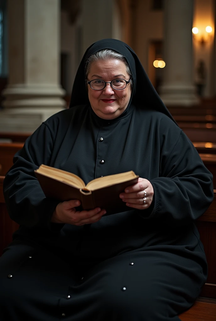 ((Portrait of a 60 years old)) round chubby ((busty)) Scandinavian ((prioress nun)), reading a big old book, sit in a cathedrals pew with slightly spread knees, ((black tunic with small boob holes)), veil. ((huge Saggy naked )), big blue eyes, eyeglasses, ...