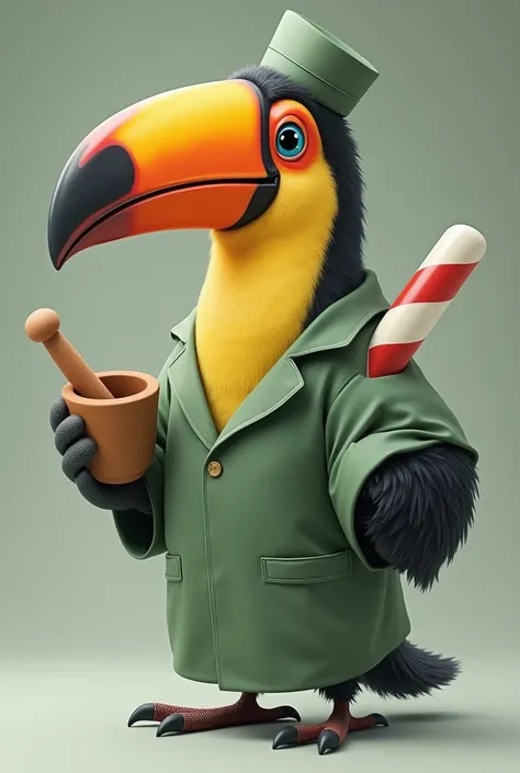 Hello can you create the image of a Toucan wearing a Pharmacist ,  robe that holds a mortar and a pharmacy pylon in the other wing.  The pylon must be inside the mortar.  The Toucans beak must be colorful . The robe a little short .  It should highlight th...