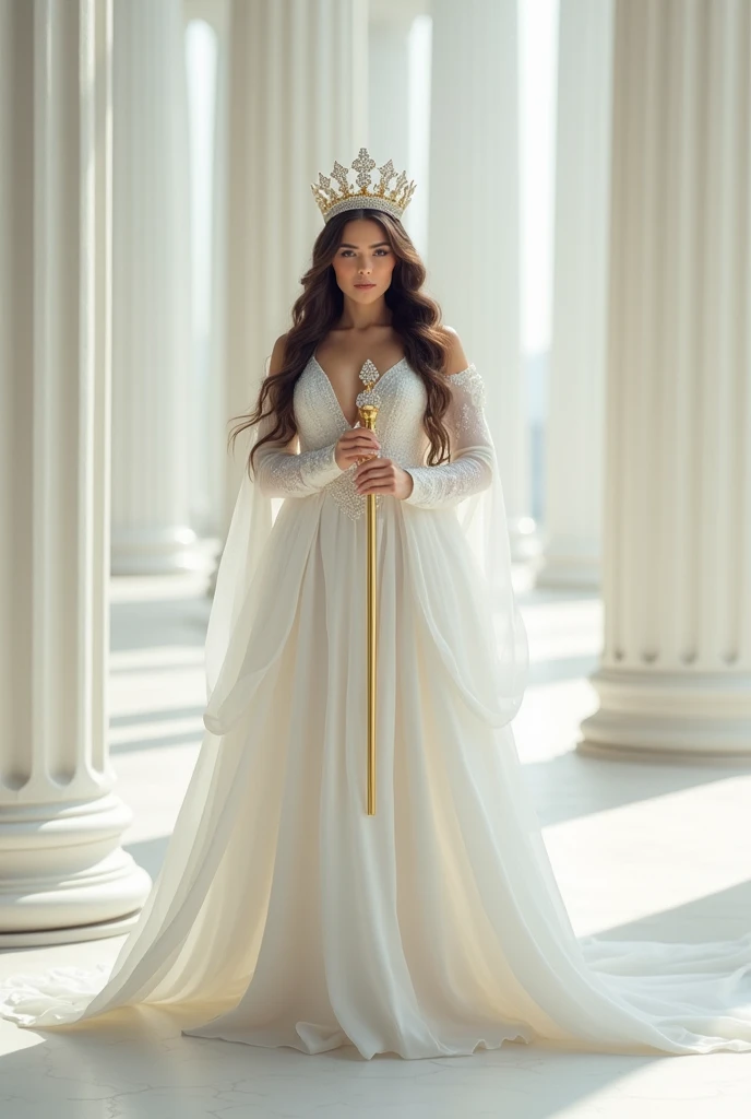 A Queen with white luxury gowen wear all white clothe her long hair her diamond crown and holding her golden stick