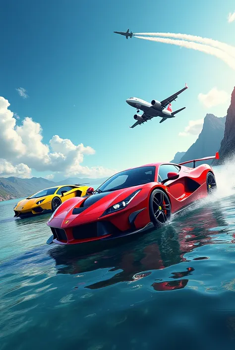 YouTube cover with a Ferrari 458 a Lamborghini a jet and a speedboat