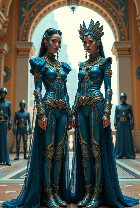 two women in costumes are standing in a room, as lady mechanika, static Prometheus frame, blue body paint, cyberpunk ornaments, Aztec Empress, cinematic details, guards, balcony scene, solarpunk, by Leon Wyczółkowski, sisters, Japanese cgi, Kazakh empress,...