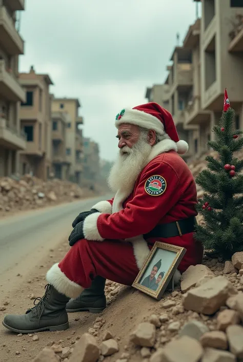 Santa Claus, tired and dusty, sits by the side of the road. The badge on his shoulder reads "Free Palestine," and he sits in the ruins of a building on a dilapidated street. A family photo frame can be found in the middle of the rubble. There is a dusty Ch...