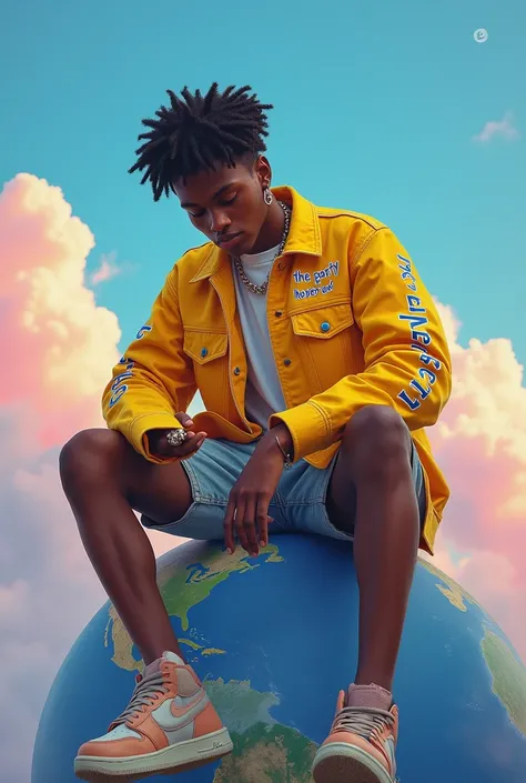 Juice wrld sitting on the earth holding a cup of juice in a yellow  jarket with the party never ends written on it with a short jeans with a blue and pink cloudy atmosphere 