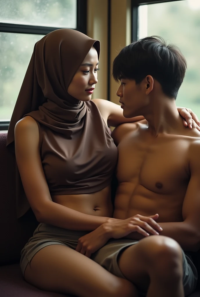 A nude Indonesia hijab girl, brown satin hijab, soft stomach, medium breast, showing her shoulder,  in the train with lot passanger watching, wet body, women sit in 1 young men half nude wear short legging lap, hug women breast behind, seductive romantic, ...