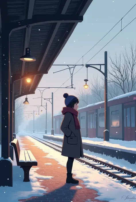 a student in winter waiting for the train
