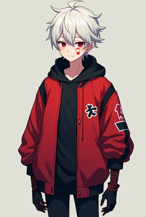 Hank is a  boy with snow-white hair, fair skin and red eyes, and his mouth has a red cut scar on the sides of his cheeks and a cut scar on his left eye. He was wearing a red jacket with a black hoodie and the sleeves of the black jacket and the edges of th...