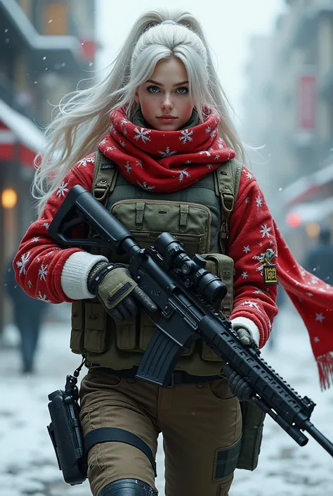 (Female soldier in beautiful Christmas uniform: 1.3, Full Body Covered Mech, Heavy AWP on Back, DSLR, Light Tracing, 3D, Concept Art, Action Painting, Film Lighting, Chiaroscuro) :(1.3). Highlighting the battle readiness, the long white ponytail hair looks...