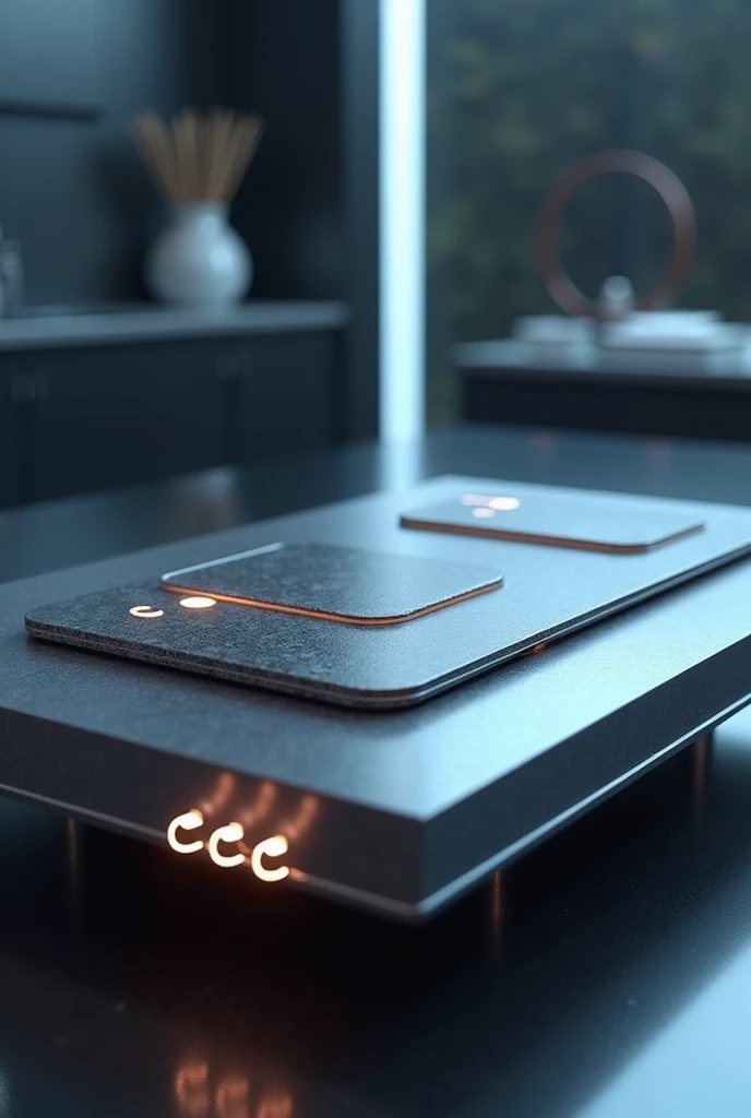 Stove made of floating metal plates and buttons with a futuristic style