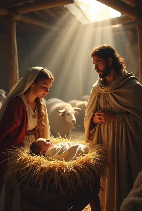 "Create a detailed image of a simple stable, illuminated by soft light entering through an opening in the ceiling. In the center, a baby sheltered in a straw-filled manger, radiating serenity. To the side, the mother, dressed in modest clothing, look with ...