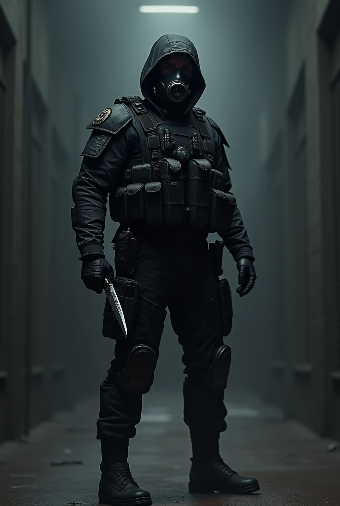 Armored Soldier , hood, and gas mask , dressed all in black and with a dark background,  holding a knife 