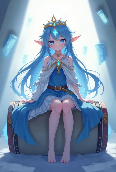 Anime fantasy girl with golden forehead crown with blue crystal on her forehead she has elf ears she has blue hair with blue eyes she has a blue dress with cape and belt she sits on the drum 