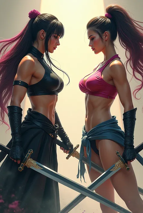  Ninja woman with 2 swords face to face with samurai woman.  bodies Atlético very big breasts very big buttocks long hair multicolored 