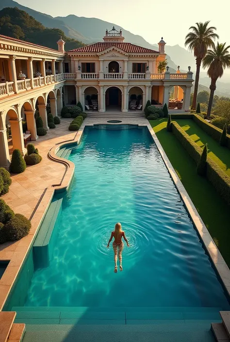 Take the view of a mega-mansion and a person swimming in it but make the image as if it were a drone that was taking the photo from afar. This people is womem and she is blond 