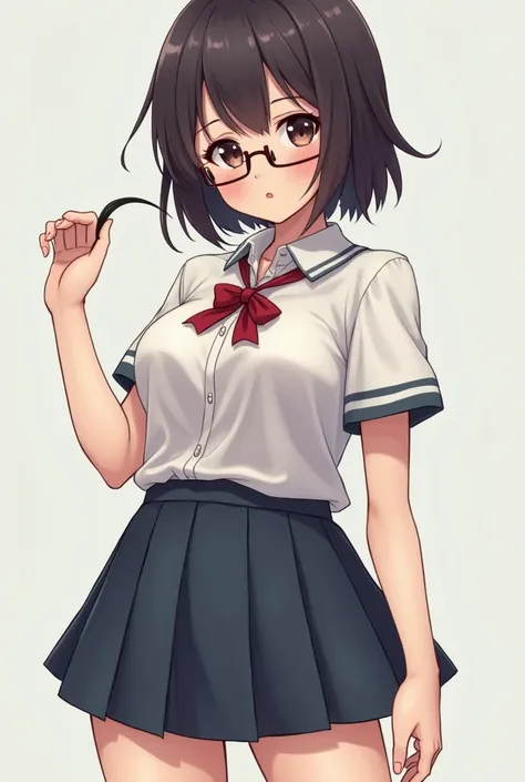 A medium-sized girl with short hair, big breasts and a butt in school clothes and with glasses I highlight big boobs and big ass.