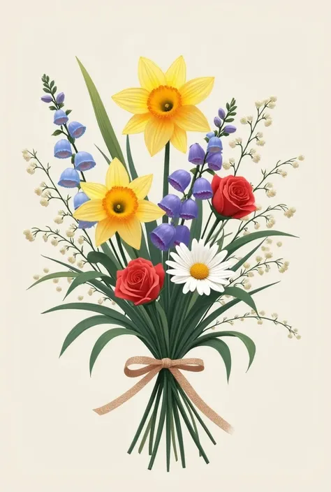 create an artsy and minimalistic bouquet of flowers that includes one daffodil, two morning glories, one lily of the valley, one rose, and one daisy