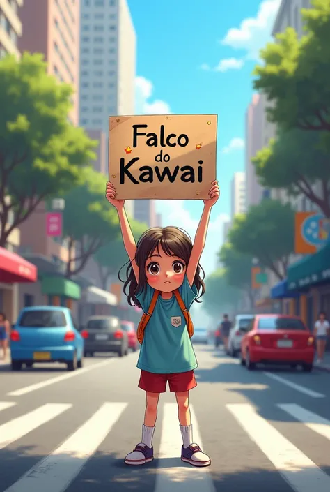 girl, holding a sign with the name Falco do Kawai in Portuguese.in the middle of a busy street .