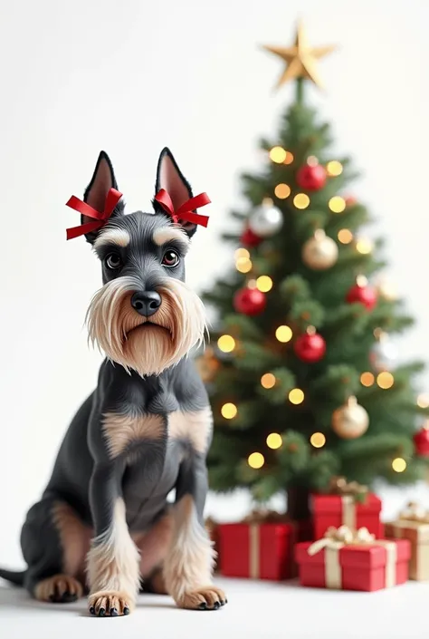 Christmas tree with a female schnauzer ,  with a ribbon in each ear on a white background



