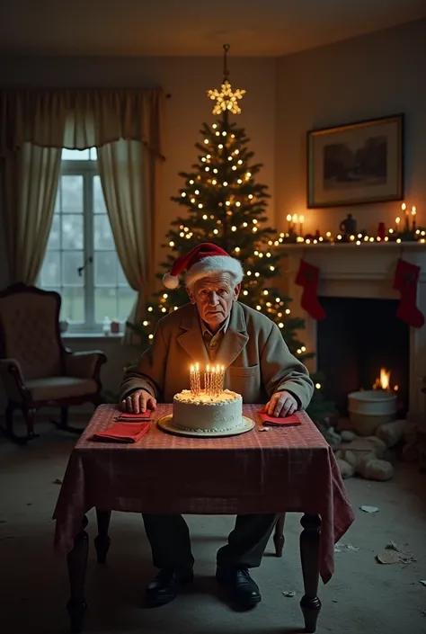 An ultra-realistic scene of an empty house filled with a sense of loneliness, sparsely decorated for Christmas in a neglected manner. The living room is dimly lit by faintly flickering Christmas lights in muted tones of red and gold, creating a melancholic...