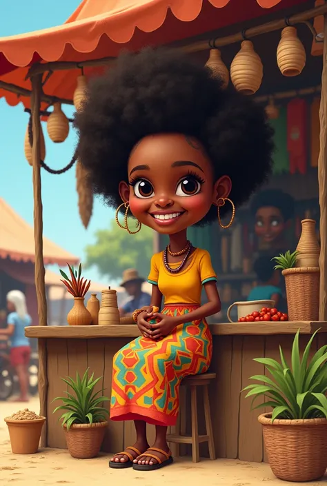 African Dark short woman cartoon siting at a shop mart
