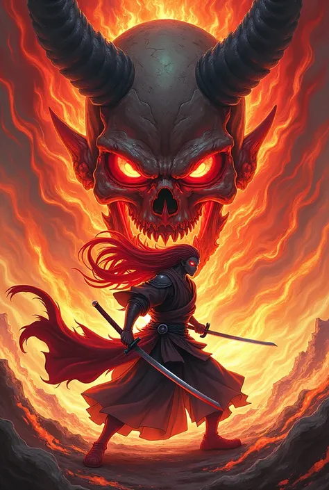 A striking anime-inspired artwork featuring a fierce warrior in an intense battle pose. The character wields a katana surrounded by dynamic energy streaks, with long, fiery red hair flowing dramatically. Their glowing eyes add to the aura of power and inte...