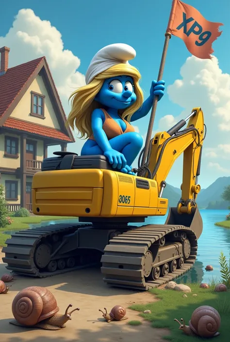 A yellow excavator ,  dredging in front of a house and lake .  In the background there is a flag ,  on the flag written XP9 .  There are many snails around the excavator. A female Smurf with big breasts sits on the excavator 