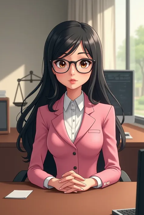 Animated girl, Latin features,  white skin , long black hair pink formal suit with lenses sitting at her oval face desk with a scale and a computer in the background 