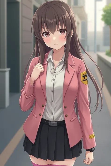 Squadron　heroine　live-action　 Japanese　 Untied Straight Long Hair 　bangs　 hair messy due to sweat 　 Pink Collared Blouson 　 Gold Emblem on the Left Sleeve of the Jacket 　 Simple White Collared Shirt 　シンプルな黒い ties　 Gold Thin Necklace 　 ties　 Smartwatch on L...