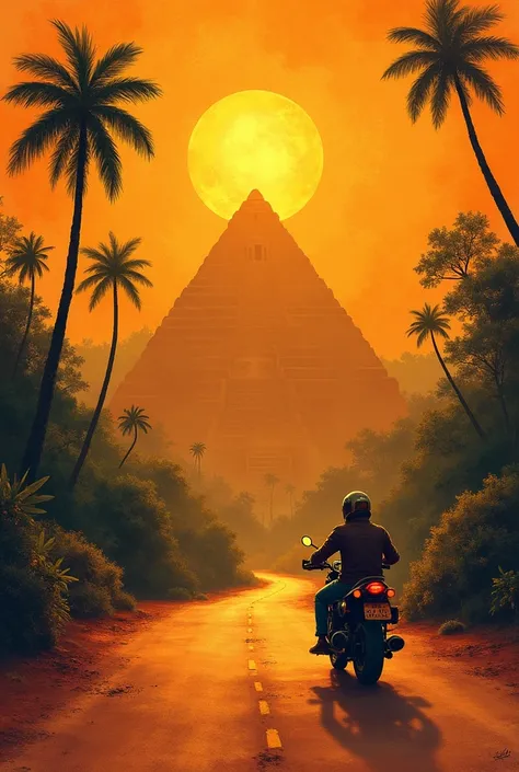 square cover for CD with a background of indigenous American ruins , pyramids and jungle plants in ochre tones and in the center a firefly on a motorcycle in warm tones turning its back looking at the road ahead,  all crossed by geometric lines and giving ...