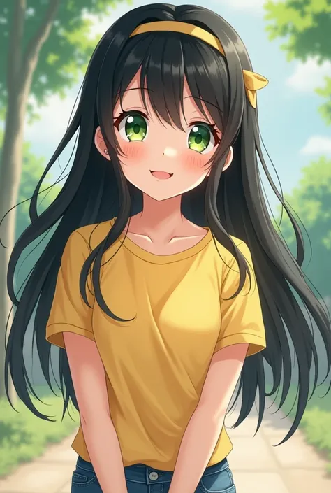 detailed anime girl, 1girl, green eyes, long black hair, short hair with hair band, yellow t-shirt, blue jeans, smiling, blushing, realistic, photorealistic, high quality, 8k, detailed facial features, intricate clothing folds, natural lighting, vibrant co...