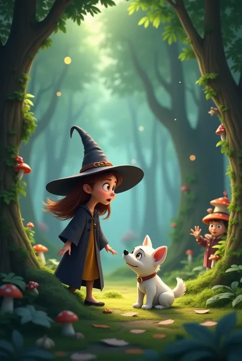 Create an image of a medium-sized witch with brown hair looking at a surprised  next to her little white dog in the woods, Make it an animated image
With a toddler too 
Create another 
The witch is more surprised