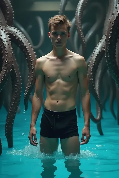  young male teenager of 24 years with a hairless and attractive body in tight black shorts that reveal his legs , in a swimming pool being sexually harassed surrounded by tentacles that sexually harass him .
