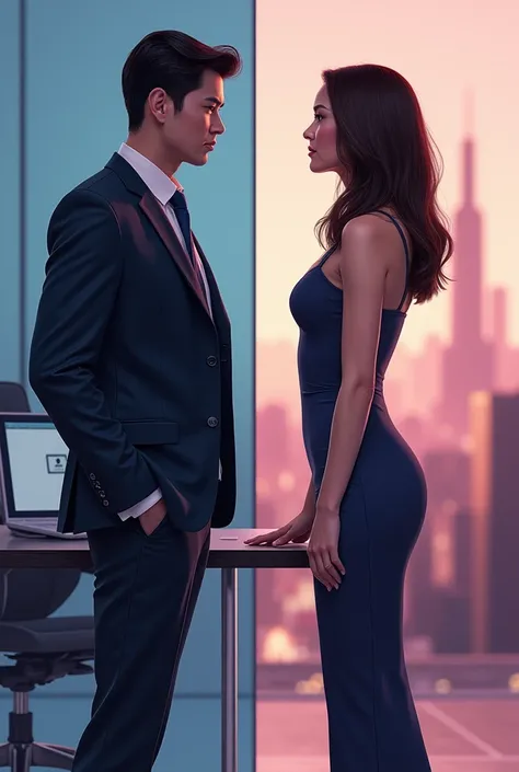  Create a realistic drawing of Korean actor Song Kang in a dark blue suit, in an office room with Megan Fox in dress . Em um background com degradê de azul do lado dele e rosa do lado dela