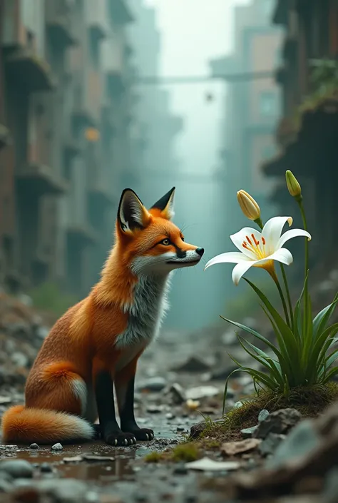 Generate the image of a fox watching a white lily , with a shattered environment background .
 The fox must be on the left side and the lily on the right side 