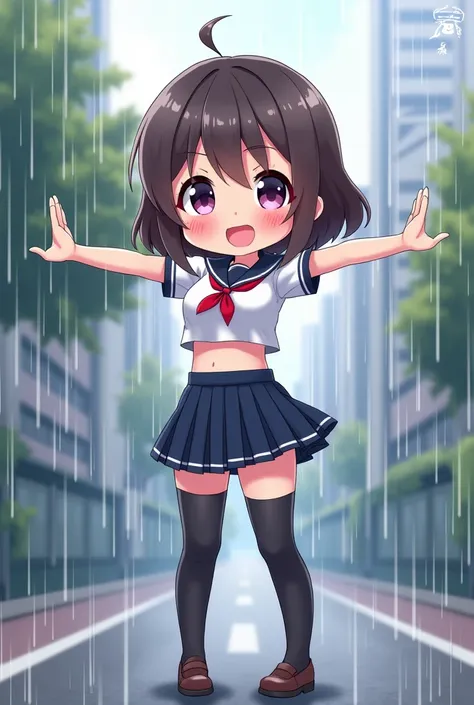    school uniform 姿のちび超可愛い女の子 .    is making rain fall on her arms and is posing like Cocoa. . (( Crop top)),(( Dark Blue Skirt )),(((((((  A super short micro mini skirt ))))))),(((((  school uniform )))),(((  thigh-high black stockings  ))),((( Big Bust)...