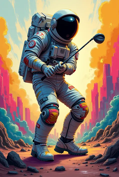 Graffity astronaut playing golf