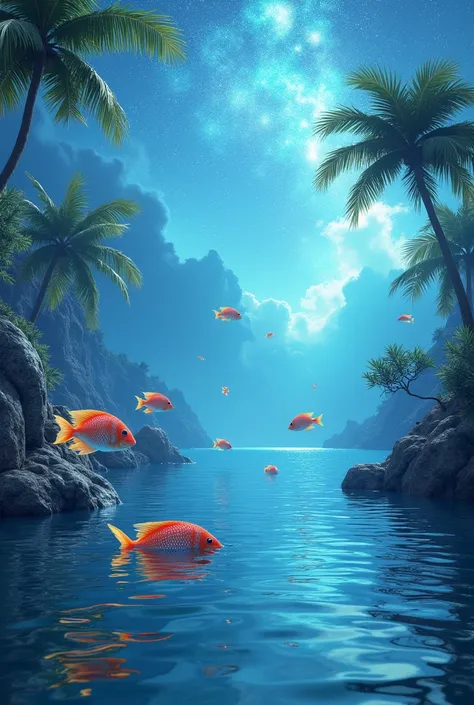 Tropical Beach。 there are colorful fish swimming in the deep blue sky and it feels unreal。And the universe is projected in the ocean 。